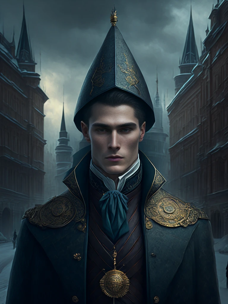 gloomy portrait of an aristocrat guy, the guy in the center stands tall, walks down the street, extremely detailed, futuristic cityscape,  Moscow city, Kremlin, there&#39;s a huge airship in the sky, Evening, Airship in the sky, glowing neon lights, smoke, Sparks, metal shavings, flying debris, Blue Energy Effects, volumetric light, flying blood, burning eyes, blonde girl standing behind