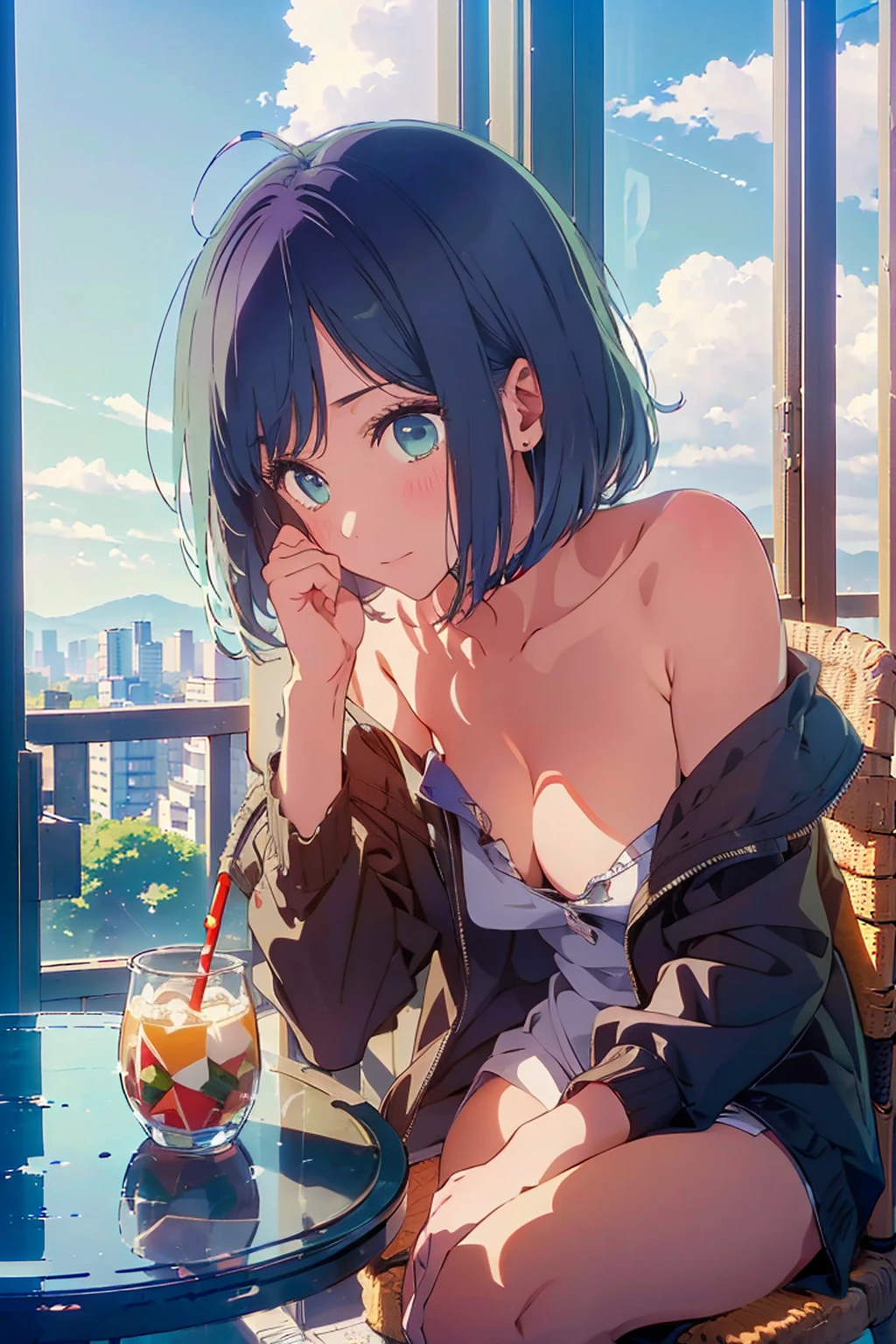 (Highest quality:1.4、masterpiece:1.4、Super detailed:1.4、Ultra-high resolution:1.4、8K:1.4)、Slim body、Big Breasts、((((1 person、Surprised expression、sit、Chair、In the background are the urban buildings of Tokyo、looking at the camera、Outdoor café terrace、juice、Get up close and take a photo、table、Very cute face))))、((((nude、very beautiful areola))))、(Pose with hands tucked behind ears:1.5、Cheek resting on hand:1.5)、(((Take off your black off-the-shoulder zippered jacket)))、Very blue sky、A completely cloudless sky