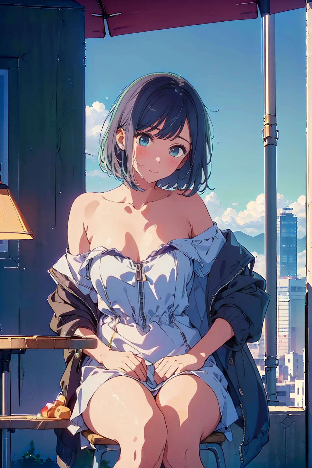 (Highest quality:1.4、masterpiece:1.4、Super detailed:1.4、Ultra-high resolution:1.4、8K:1.4)、Slim body、Big Breasts、((((1 person、Surprised expression、sit、Chair、In the background are the urban buildings of Tokyo、looking at the camera、Outdoor café terrace、juice、Get up close and take a photo、table、Very cute face))))、((((nude、very beautiful areola))))、(Pose with hands tucked behind ears:1.5、Cheek resting on hand:1.5)、(((Take off your black off-the-shoulder zippered jacket)))、Very blue sky、A completely cloudless sky