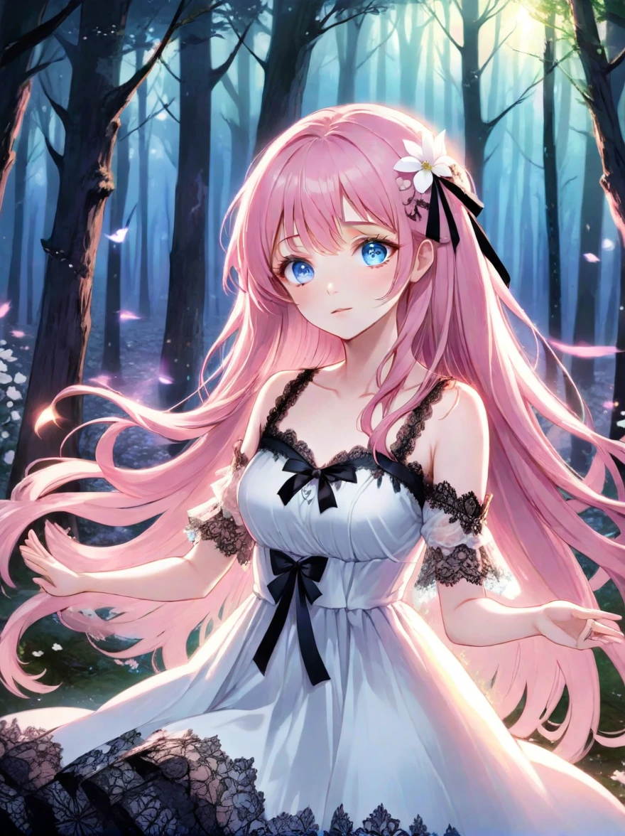 ((Best quality)), ((masterpiece)), (detailed), ((perfect face)), One Girl、Pink long hair、White flowers in her hair、blue eyes、A white dress with black lace、large pink ribbon on the chest、Magical forest, Casting a spell, Twilight, Enchanted and mystical, Mid shot, Glowing lights, Magic aura, Ethereal and soft, Magical and wondrous, anime style, attractive anime, pixiv fan art