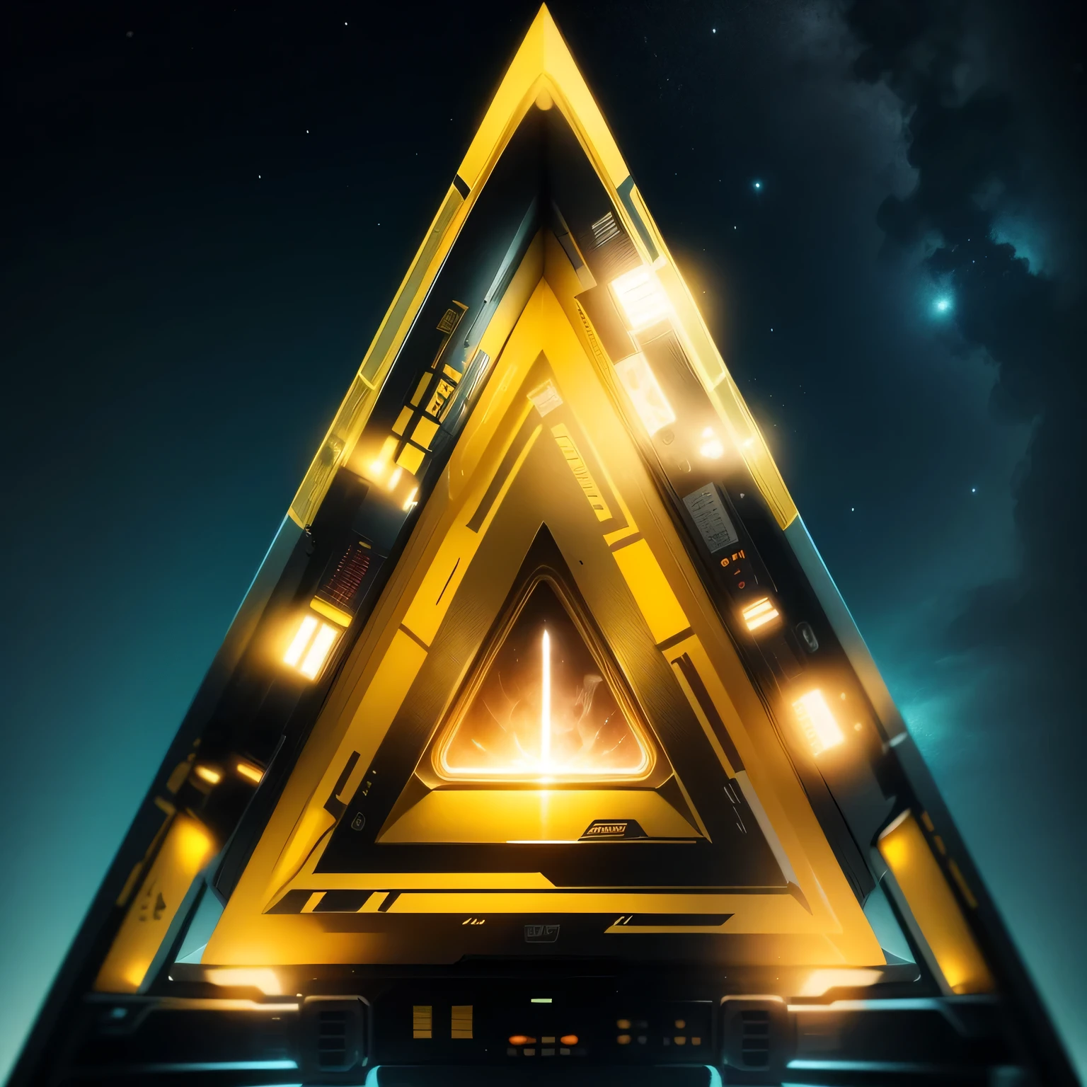 black and yellow coloured lights, yellow colour in the middle, yellow colour in the middle, yellow colour in the middle, triangle shaped spaceship in space, 1080, high resolution, focused every wear