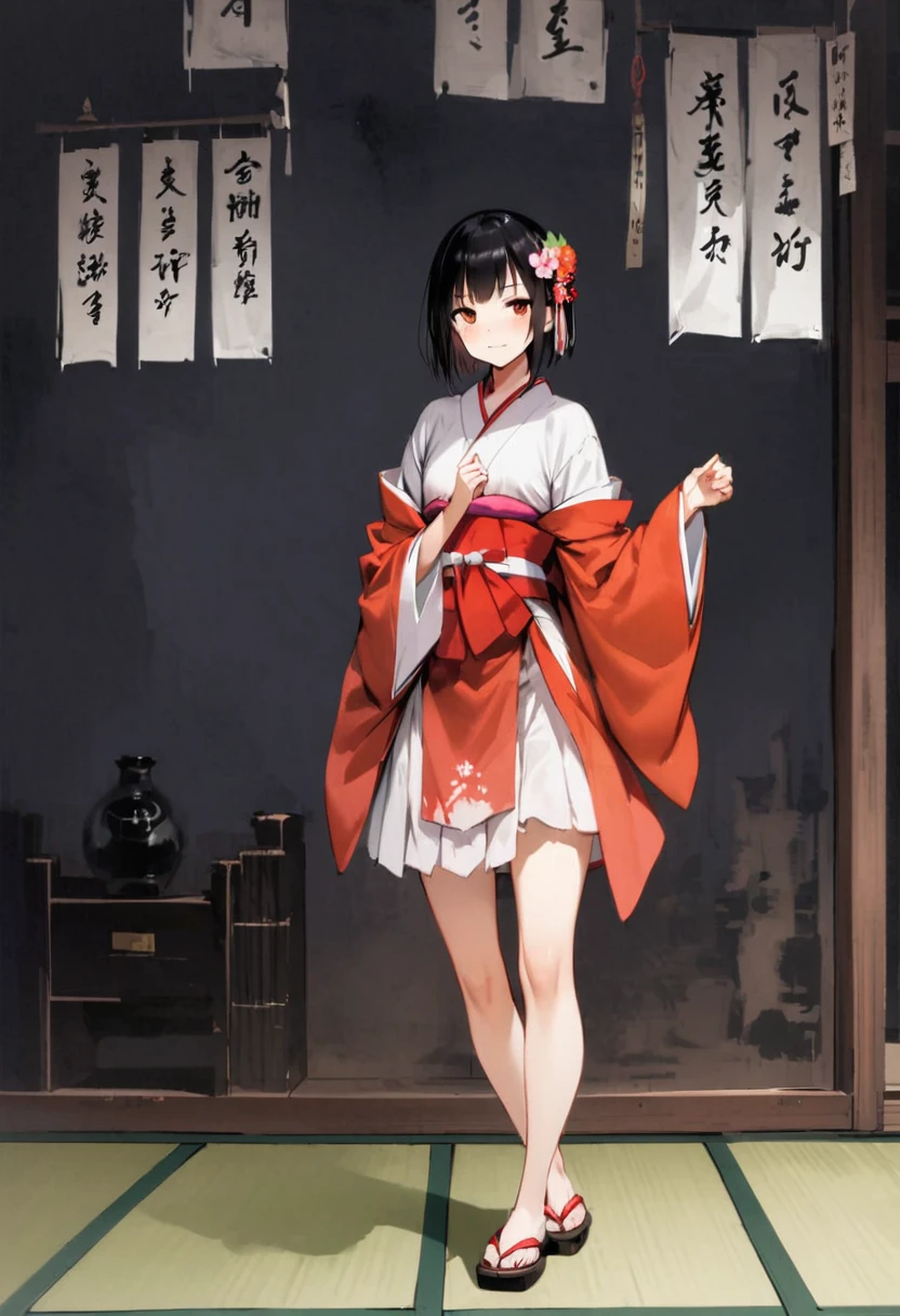 Show your loincloth、Thighs、Zashiki Warashi、Japanese style、Shoji screen、tatami、Haunted house、darkness、Late Night、kimono、Bob、girl、girl、young、、Flat Chest、Long black hair、Dynamic Angle、A faint smile、Squint your eyes、ball、Flower Hair Ornaments、Clogs or bare feet