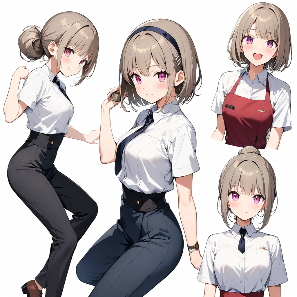 16k works,Highest quality,18-year-old,No background.White background only,whole body、Kneel,Dynamic and sexy pose, One person, Beautiful Face,, Symmetrical eyes, Perfect body, Good balance、 Perfect body、Silver and bob short hairstyle, Tie your hair up with a hair clip, Pink Eyes, pretty girl, reside , Modern, elegant, (Relaxed atmosphere), peaceful, Aromatic,Happy,happiness, (Gray Hair), White shirt, Barista, soft, Brown hair band,