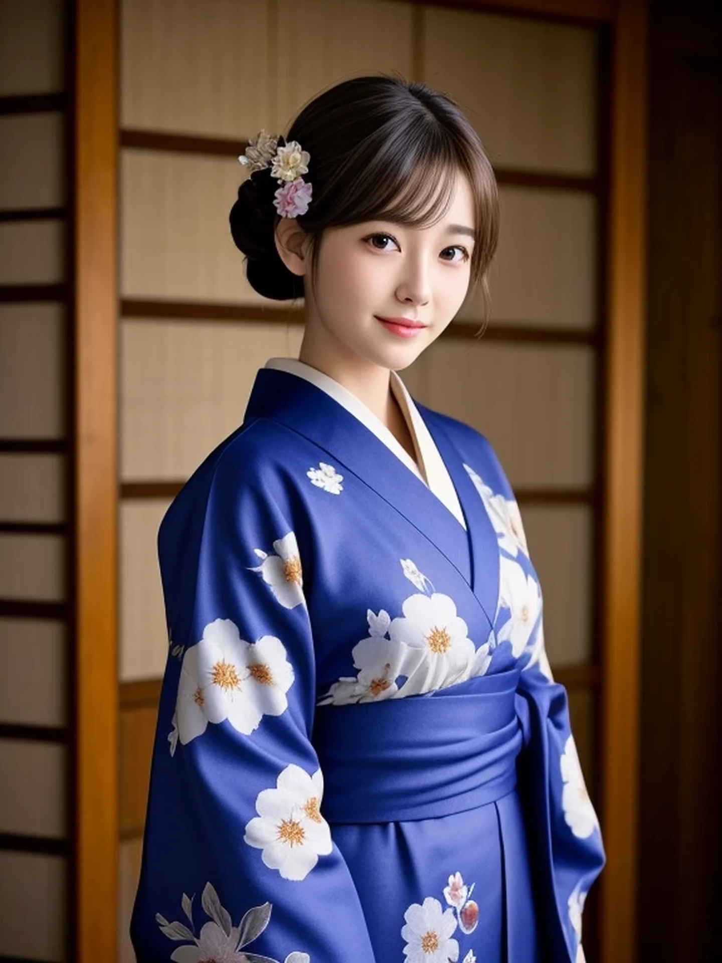 1 Japanese girl, looking up:1.4), (full body shot:1.2), Beautifully detailed eyeballs, catchlight in the eyes, Realistic digital painting of a woman portrait, Shy, Cute, smile, happy, brown eyes, (half updo,:1.1), (light brown brunette hair:1.3), (Highly detailed skin:1.2), Mystical style, Global Illumination, Traditional Japanese　floral printed Kimono, A silk kimono with a deep indigo base. temple