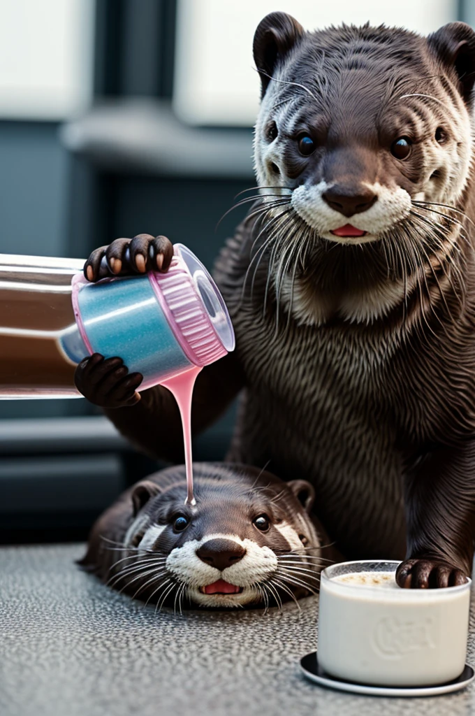 a black and white otter drinking a protein shake in a shaker and it says realistic otter 