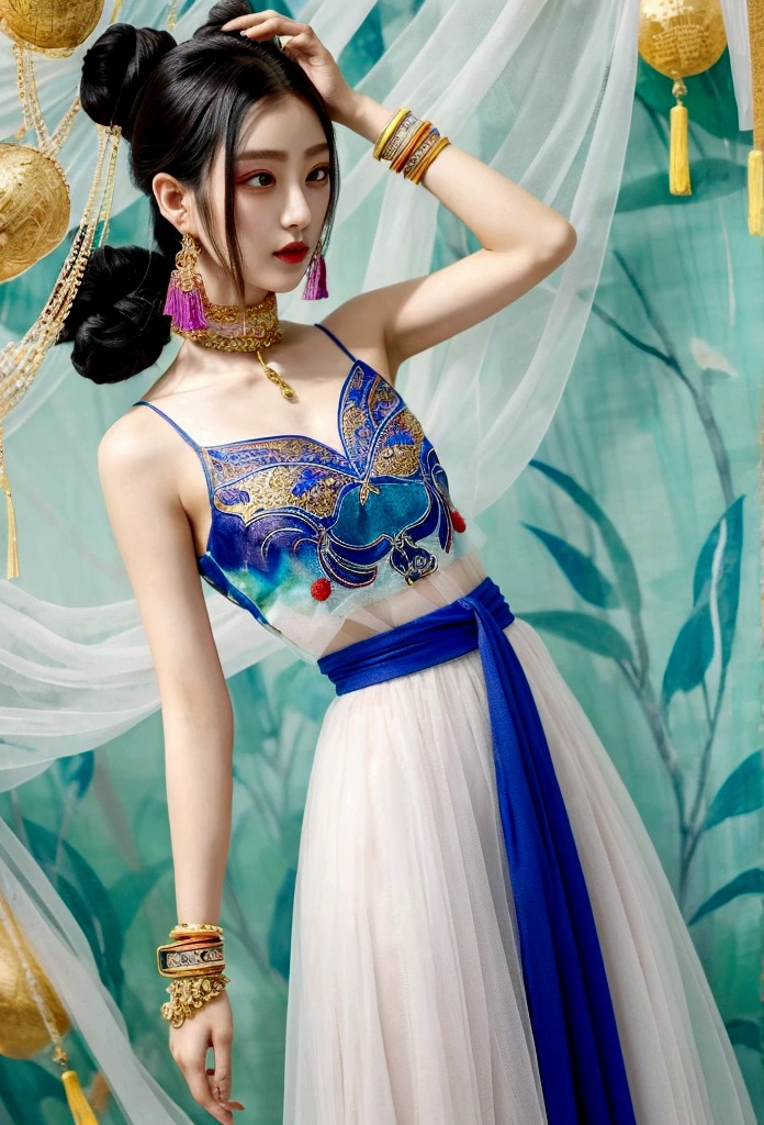 Chinese Beauty ,whole body, Gorgeous clothing with exquisite embroidery, Flowing tulle, Long transparent colored ribbon tied around the arm, Inspired by the Dunhuang Flying Apsaras murals, Show your belly button, Bare shoulders, bare neck, Black curly hair，High bun，Hairpin with flowers, Ribbon on armband, wreath, bracelet, Anklets, Metal chain tassels at waist, Mogao Grottoes Art, Ink Painting, cgstation pop music，Chinese dance