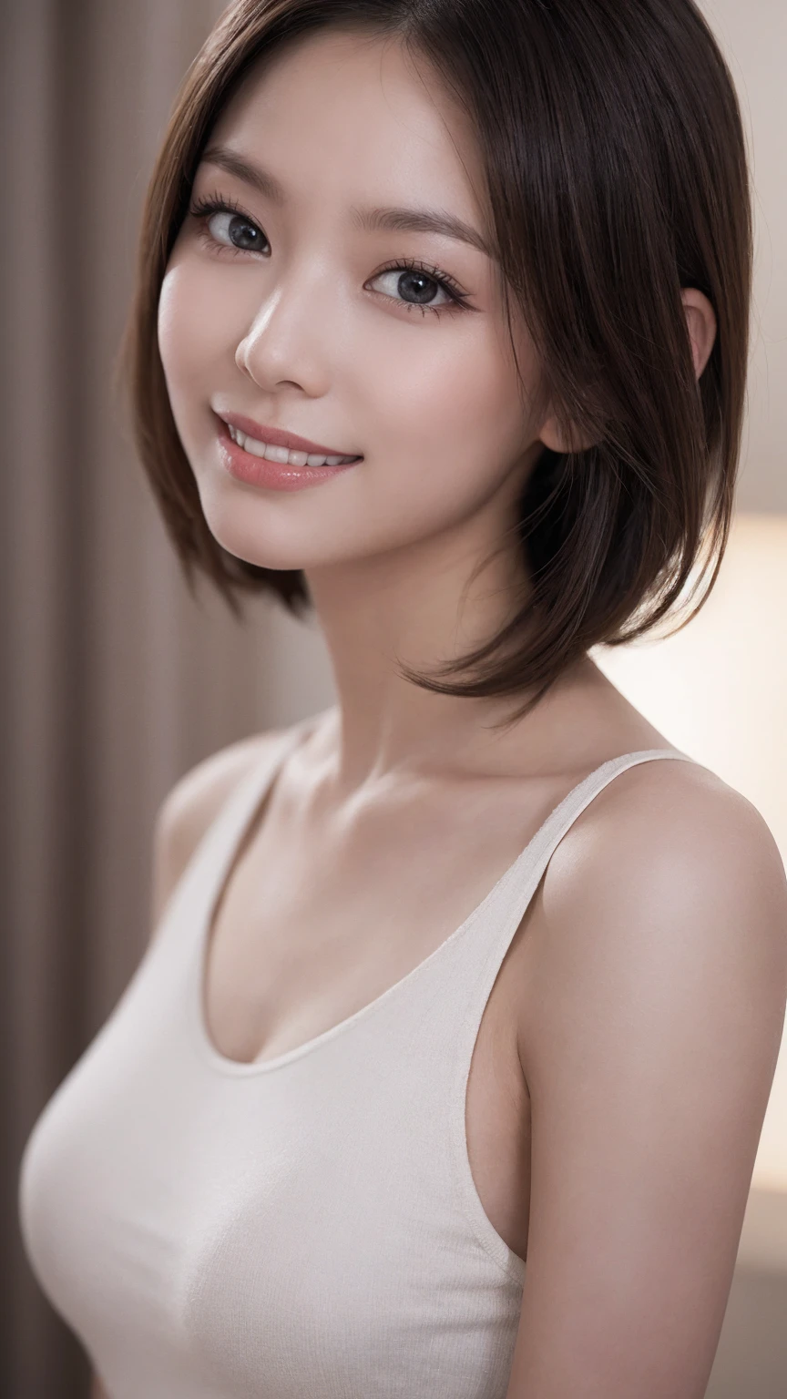 One Girl, (Wear trendy fashion:1.2), (RAW Photos, Highest quality), (Realistic, Realistic:1.4), Tabletop, Very delicate and beautiful, Very detailed, 2k wallpaper, wonderful, In detail, Very detailedな CG Unity 8K 壁紙, Very detailedな, High resolution, Soft Light, Beautiful detailed girl, Looking into the camera、Very detailedな目と顔, Beautiful and sophisticated nose, Beautiful details, short hair, small, Grey clothes、White Background、Background is white、Cinema Lighting, Perfect Anatomy, Voluptuous body, smile,