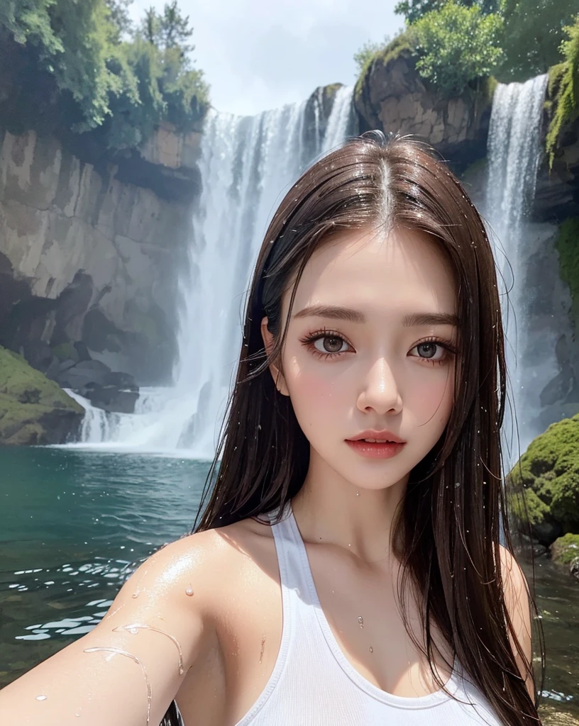 (Best quality, 4k, Masterpiece :1.3), pretty woman, 1girl, sexy :1.1, dark brown hair: 1.1, (waterfall, wet body :1.2), sexy white tank tops, ultra-detailed face, detailed lips, detailed eyes, double eyelid