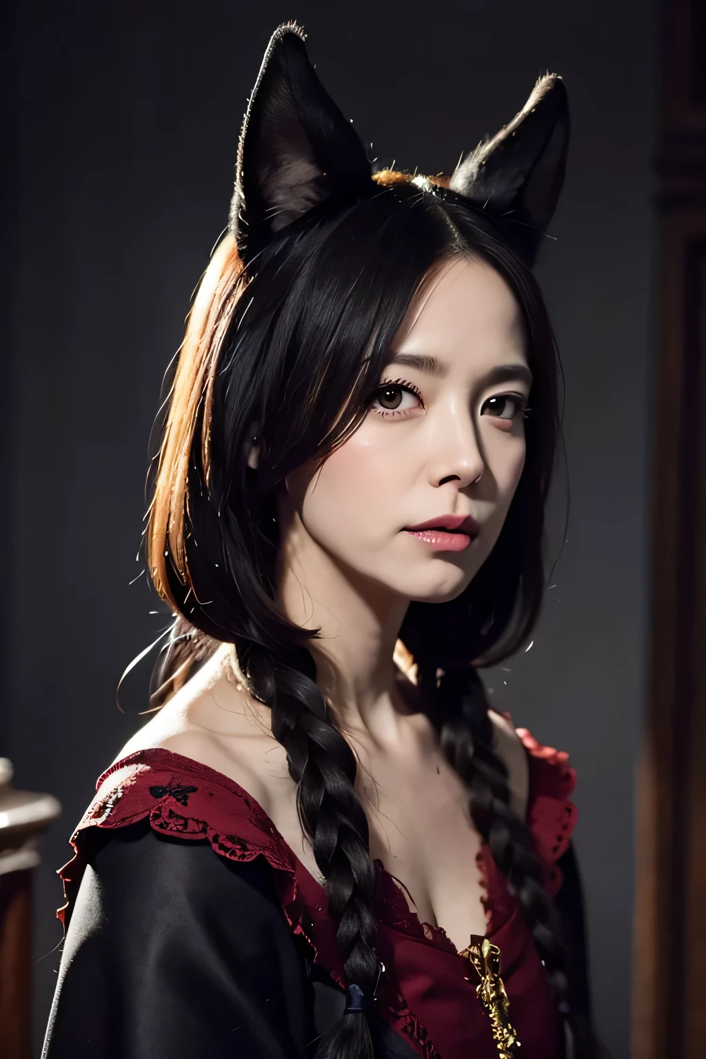(Grimm's Fairy Tales),(snowwigchen,snow white:1.3),(who is the most beautiful in the world? A mirror reflecting snow white in questions:1.3))),(((Girl in the mirror;1.3))),(((Luxurious gold framed mirror:1.3))),Snow-white skin, Cheeks and lips blood red,Eyes as black as the wood of an ebony window frame.(((lace off shoulder gothic dress))),(Clothes that accentuate large breasts),The contrast of light and shadow makes the subject appear three-dimensional),Pretty and beautiful girl,Cute round face,Cute Smile,Blushing,Red lips,(Silvery white hair,Floral knit headband,Half Up、Floral braided space buns,Voluminous fishtail braid,Twisted pan,),(The bangs are see-through),hairpin,hair ornaments,Detailed clothing features,Detailed hair features,Detailed facial features,(Dynamic Angle),(Dynamic and sexy pose),Professional Lighting,Cinematic Light,(Tabletop,Highest quality,Ultra-high resolution output images, Depth of written boundary,) ,(8K quality,Depth of written boundary,Anatomically correct facial structure,)(Picture Mode Ultra HD,)