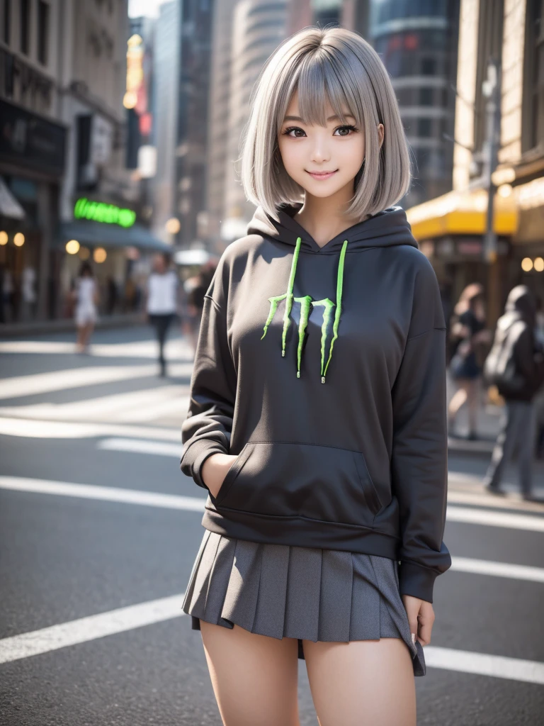 (8K, RAW Photos, Highest quality, masterpiece:1.2), (Realistic, photo-Realistic:1.4), (Highly detailed 8K wallpapers), ((Full Body Shot)), (1 girl), Sharp focus, Depth of written boundary, Cinematic lighting, Soft Light, 緻密な美しさのeye, eye_Chan, Very beautiful 17 year old girl, innocent big eyes, Realistic, photo Realistic, Highly detailed cute girl, (Thin thighs), (Model Body Type), 18-year-old, ((Monster Energy Hoodie)), (Black Micro Mini Pleated Skirt), (((Fold your arms in front of your chest and act arrogantly))), ((A happy smile)), Parted lips, Watching the audience, (On the streets of Tokyo) , (Ash grey hair),(Short Bob Hair), (Asymmetrical bangs)