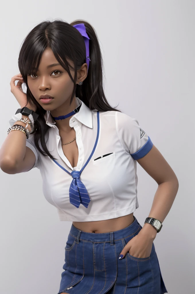 Jeroenaga, Dark Skin, Dark skinned women, Side Ponytail, hair ornaments, Hair Clip, White shirt, Bra visible through clothes, Chest pocket, Black Choker, Blue tie, Purple scrunchie, bracelet, Blue Skirt, Thigh straps, Simple Background, whole body, White Background, Leaning forward, alone,Highest quality