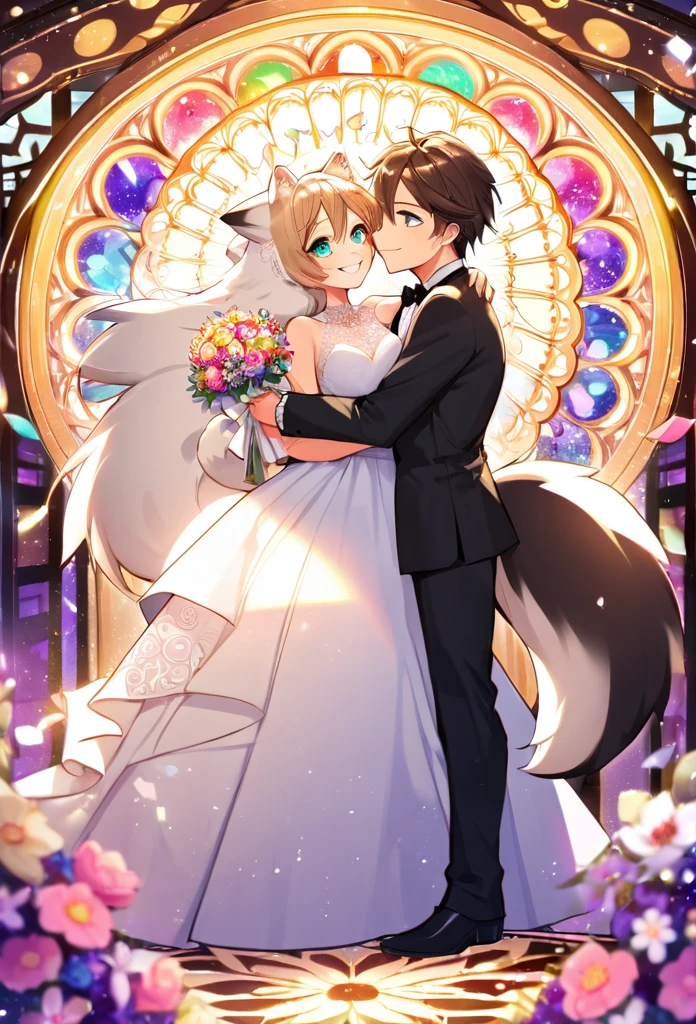 Top quality, ultra-fine illustrations(associations, colorful stained glass with shimmering light, kaleidoscope, wedding aisles lined with jewel-like lamps)(very detailed and beautiful faces, very detailed and beautiful eyes, eyes with lively brilliance)absurdres, perfect anatomy(angelic cute 1girl, kemono, angelic handsome 1boy, couple)(happy wedding, husband in tuxedo, beastman wife in wedding dress, husband hugging wife's shoulders, Two people staring at each other and smiling, wedding photo, bouquet of beautiful flowers, shining wedding ring on ring finger)(furry anthro:1.7)(furry body, animal face features, animal body features)(very detailed fur)full body, smile, kiss (dynamic pose),