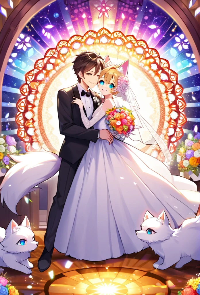 Top quality, ultra-fine illustrations(associations, colorful stained glass with shimmering light, kaleidoscope, wedding aisles lined with jewel-like lamps)(very detailed and beautiful faces, very detailed and beautiful eyes, eyes with lively brilliance)absurdres, perfect anatomy(angelic cute 1girl, kemono, angelic handsome 1boy, couple)(happy wedding, husband in tuxedo, beastman wife in wedding dress, husband hugging wife's shoulders, Two people staring at each other and smiling, wedding photo, bouquet of beautiful flowers, shining wedding ring on ring finger)(furry anthro:1.7)(furry body, animal face features, animal body features)(very detailed fur)full body, smile, kiss (dynamic pose),
