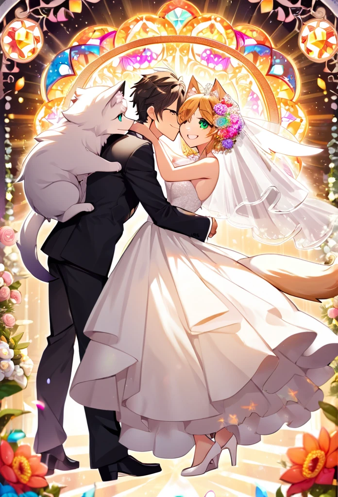 Top quality, ultra-fine illustrations(associations, colorful stained glass with shimmering light, kaleidoscope, wedding aisles lined with jewel-like lamps)(very detailed and beautiful faces, very detailed and beautiful eyes, eyes with lively brilliance)absurdres, perfect anatomy(angelic cute 1girl, kemono, angelic handsome 1boy, couple)(happy wedding, husband in tuxedo, beastman wife in wedding dress, husband hugging wife's shoulders, Two people staring at each other and smiling, wedding photo, bouquet of beautiful flowers, shining wedding ring on ring finger)(furry anthro:1.7)(furry body, animal face features, animal body features)(very detailed fur)full body, smile, kiss (dynamic pose),