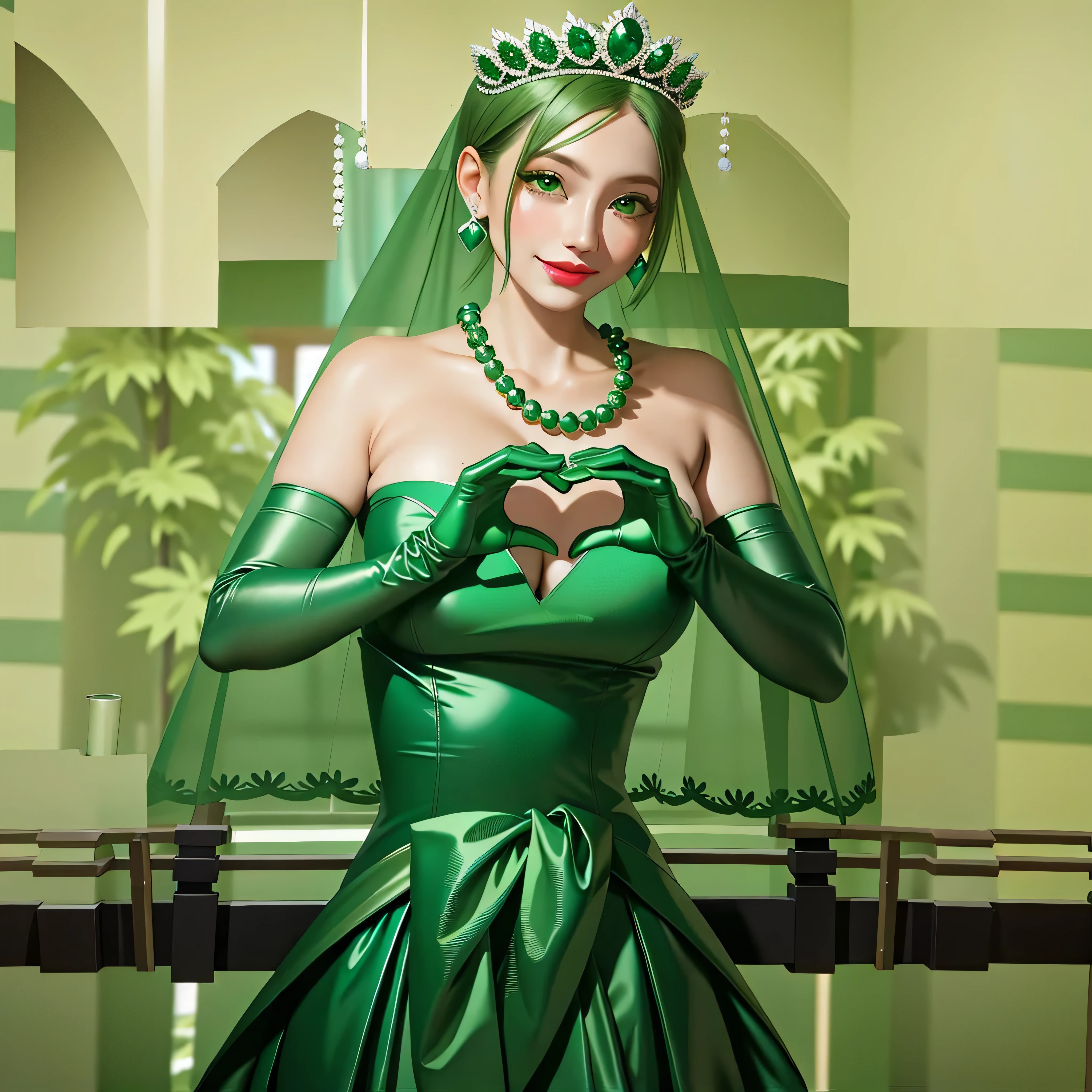 emerald tiara, Green Pearl Necklace, Boyish very short green hair, Green Lips, Smiling Japanese woman, Very short hair, Busty beautiful lady, Green Eyes, Green satin long gloves, Green Eyes, Emerald Earrings, Green veil, Heart with both hands, Green Hair, Beautiful Japanese Woman, Heart shaped hands:1.3, green lip gloss