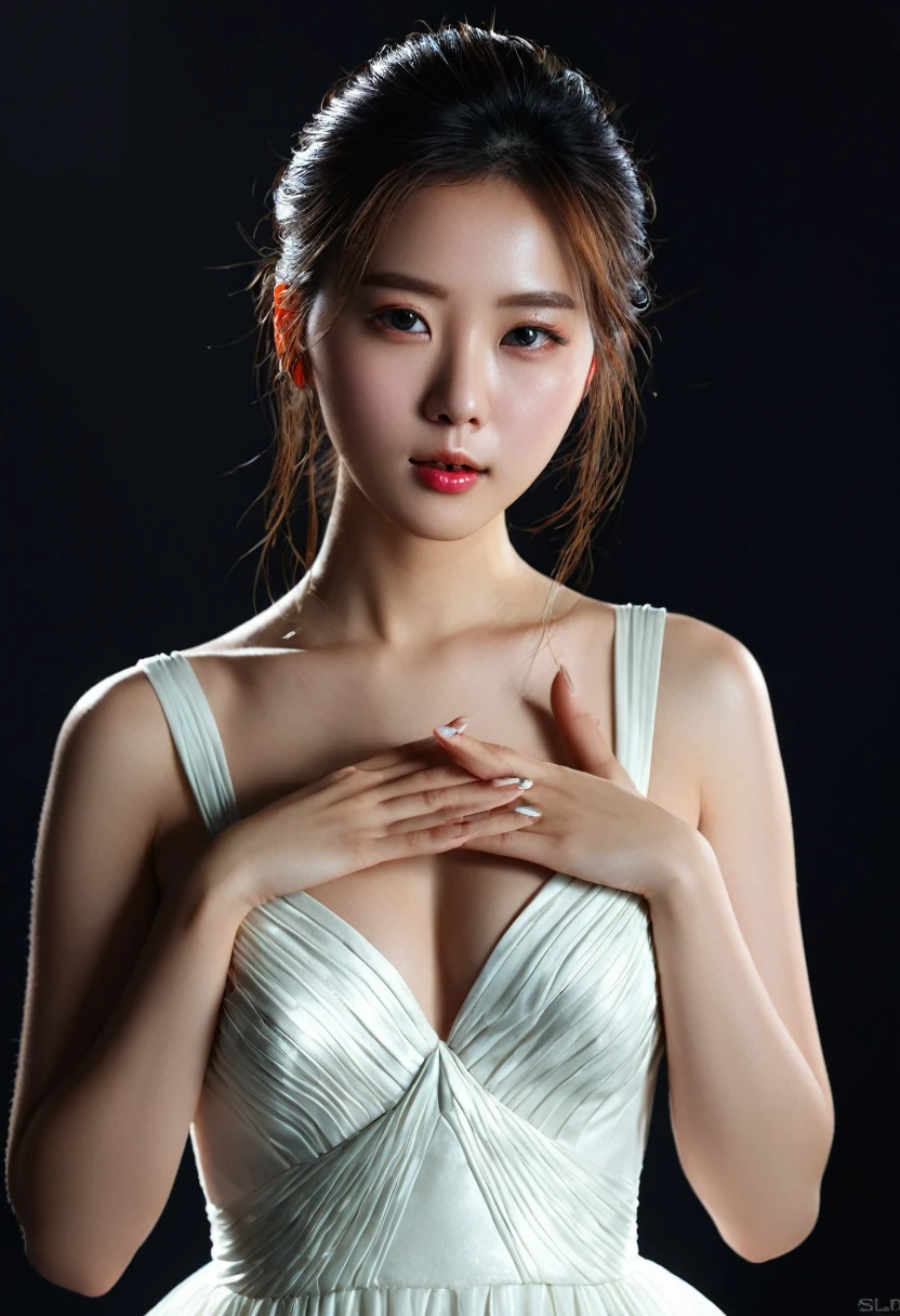 (8K、RAW Photos、Highest quality、Masterpiece: 1.2)Highest quality, masterpiece, Ultra-high resolution、1 female((masterpiece, Highest quality)),(One personで:1.2),(One girl:1.2),((32K Wallpapers, Very detailed)),,(((The perfect one and only lady))),(((portfolio,close))),(((Front face))),(((Upper Body))),((highlight)),(((One person))),(((Full face))),(((Perfect composition))),((Gradient Eye)),Sparkling.Light leakage, (((Bring your fingers to your mouth))), (((White Dress)))Detailed hands
