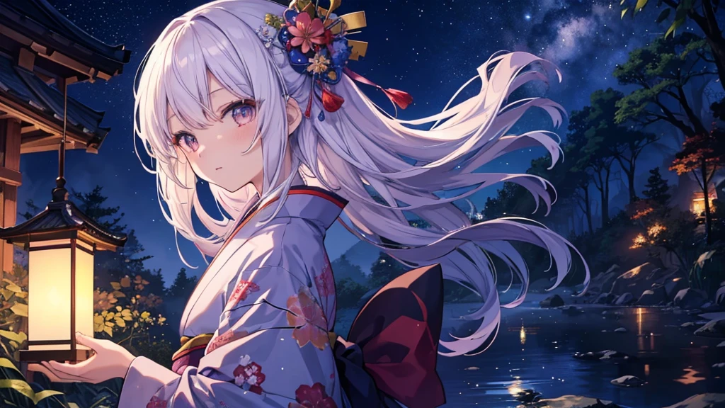 Highest quality、Detailed drawing、Fantasy、日本のnight、Deep in the forest、night、Firefly Light、A girl in a kimono points her palms towards the sky