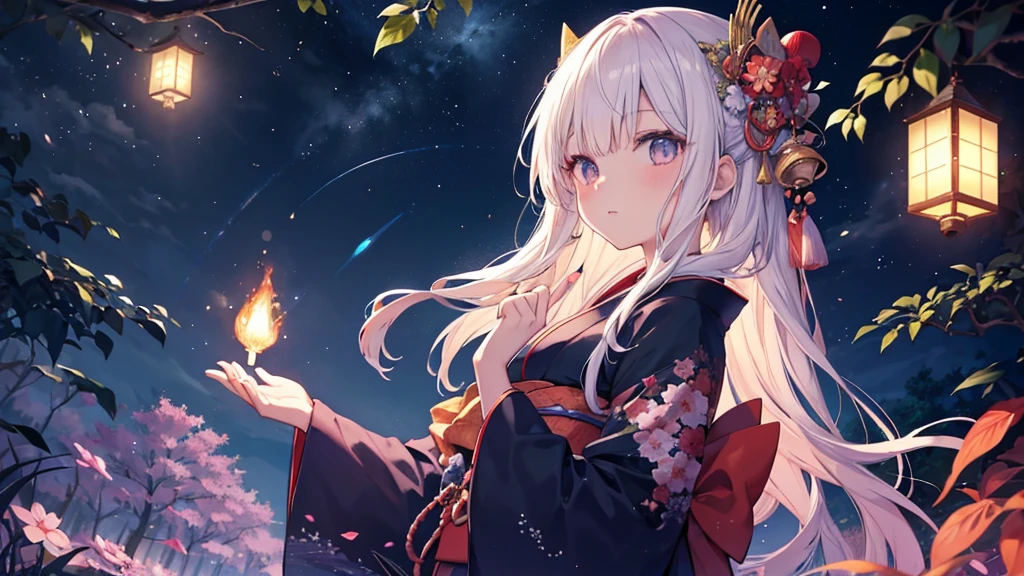 Highest quality、Detailed drawing、Fantasy、日本のnight、Deep in the forest、night、Firefly Light、A girl in a kimono points her palms towards the sky