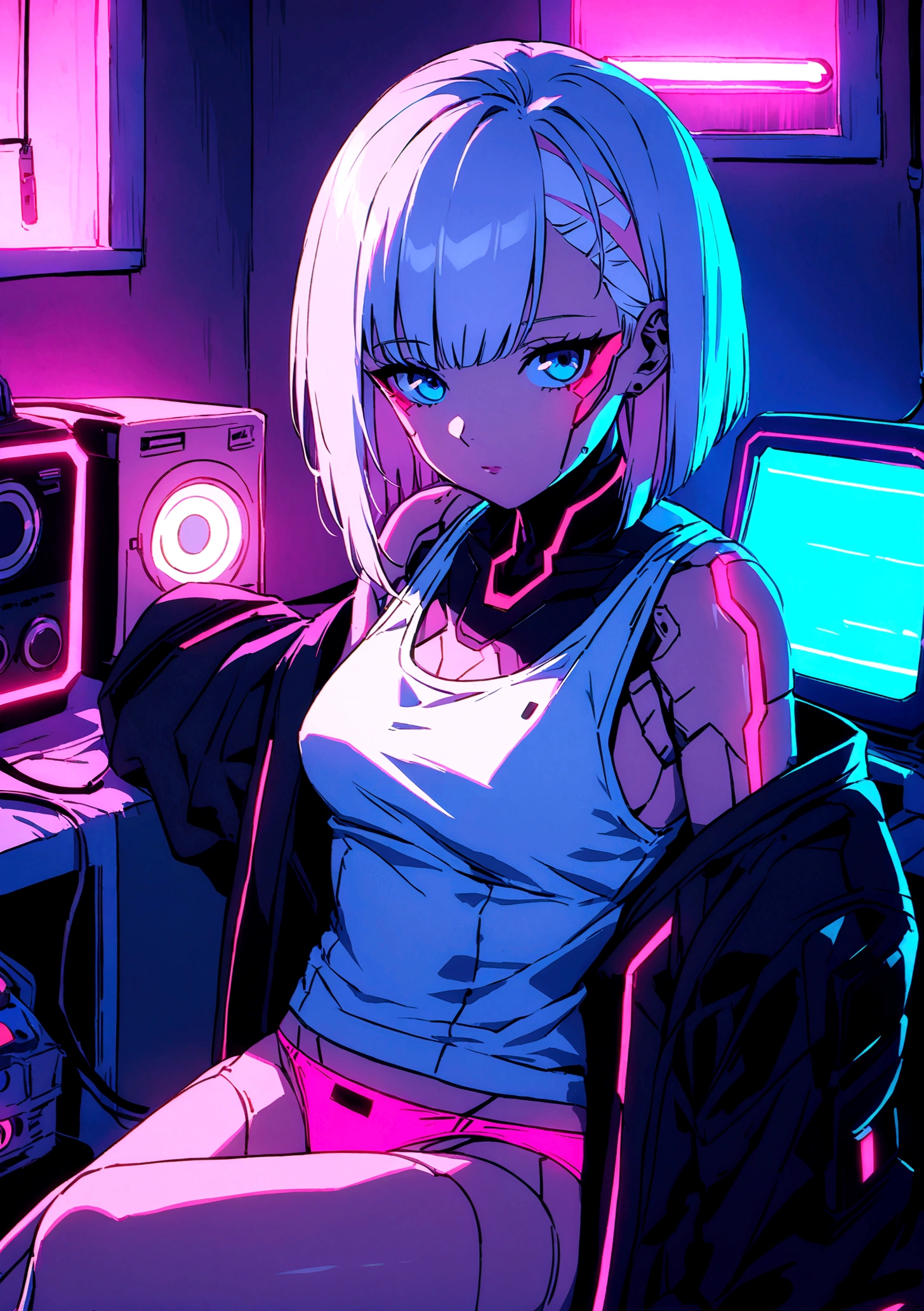 Imagine Lucy from cyberpunk edge runner, white short hair, pink line hair, blue eyes, cyborg implants, skin implants, Cyberpunk theme, white tank top, panties, sitting on cozy room. Neon lamps, retro music player