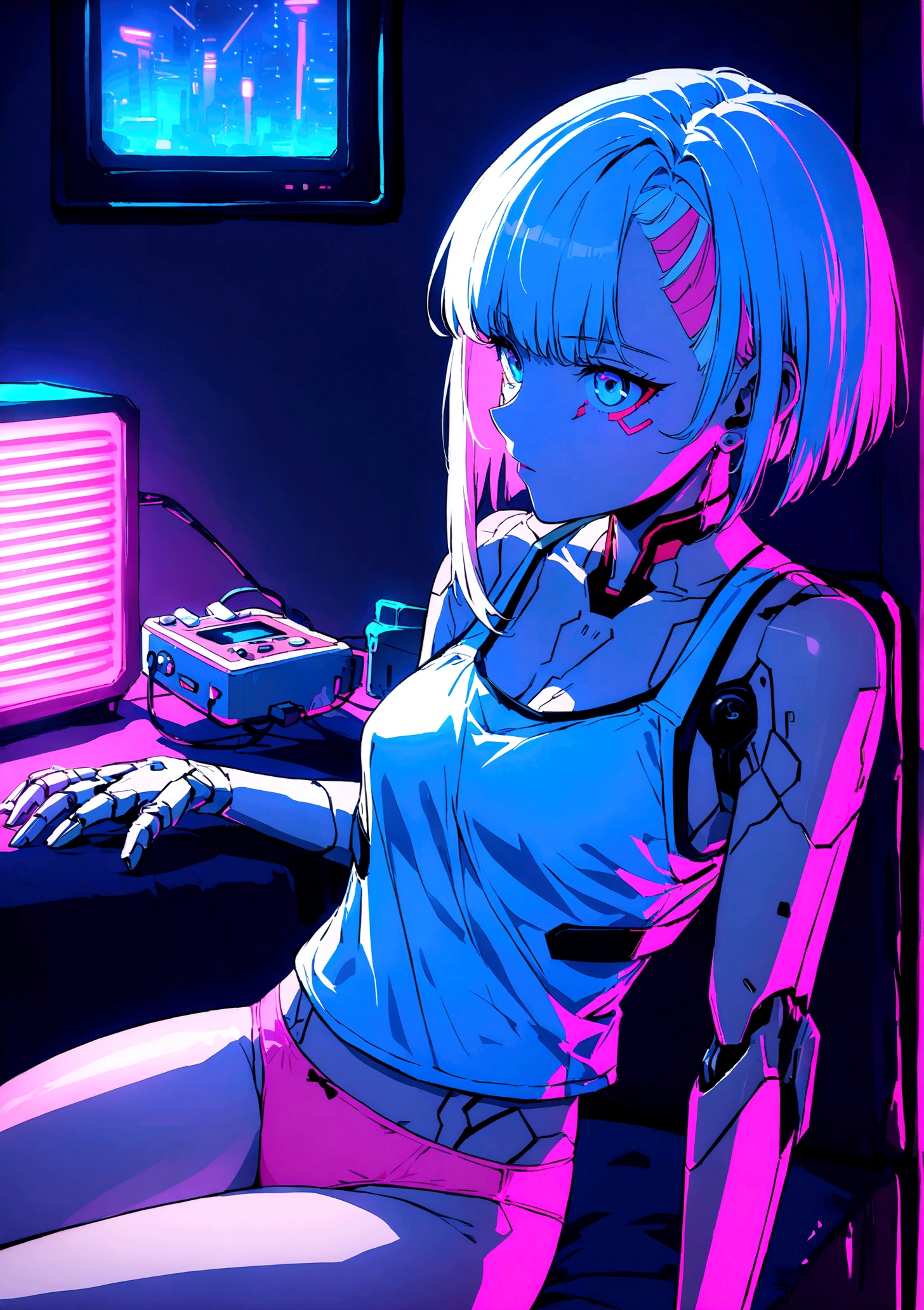 Imagine Lucy from cyberpunk edge runner, white short hair, pink line hair, blue eyes, cyborg implants, skin implants, Cyberpunk theme, white tank top, braless, pink panties, sitting on cozy room. Chilling, Neon lamps, retro music player