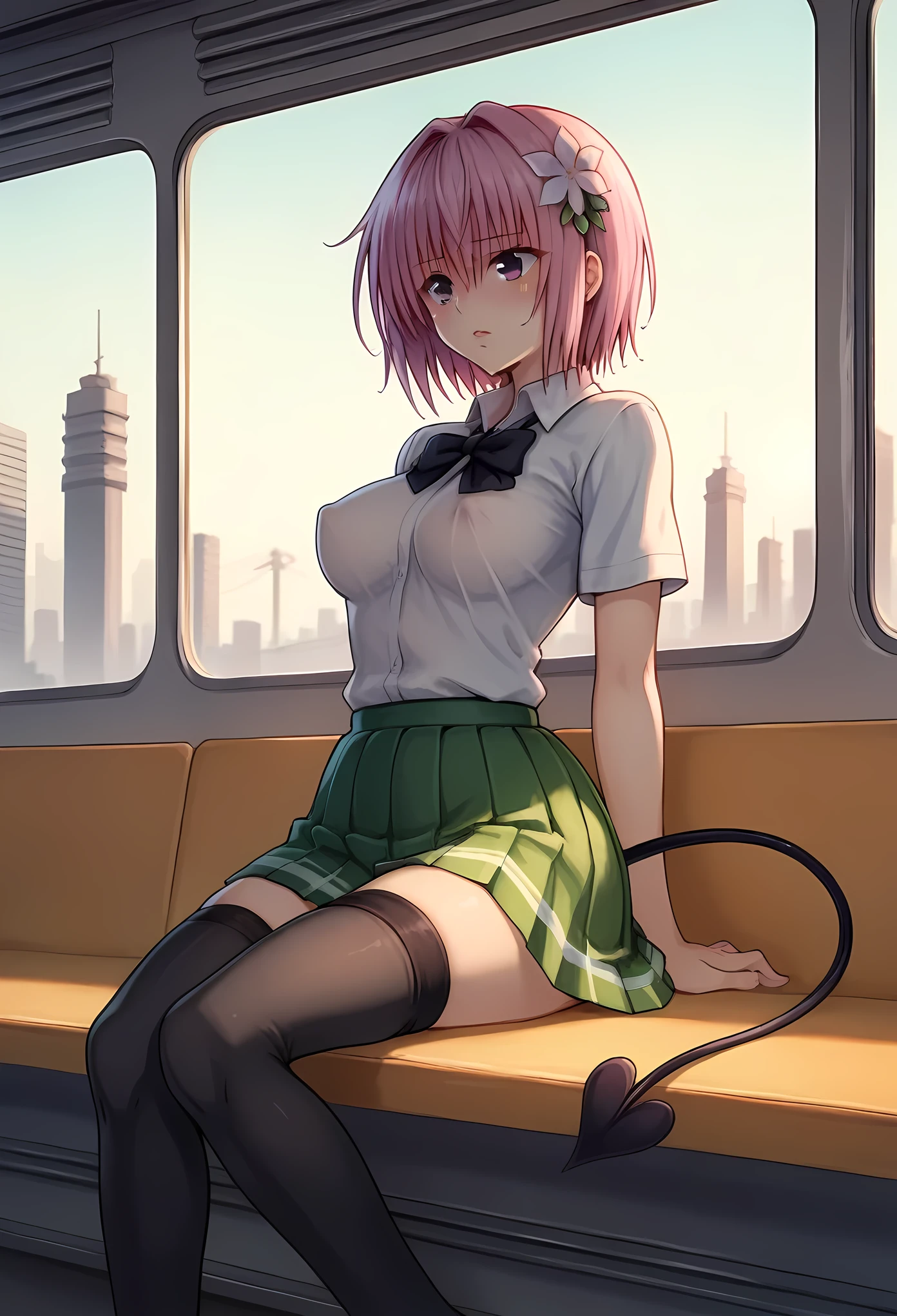 score_9, score_8_up, score_7_up, score_6_up, score_5_up, score_4_up, BREAK ,nipple_stimulation,momo_velia_deviluke, to_love-ru, to_love-ru_darkness,1girl,purple_eyes, pink_hair, short_hair, breasts, demon_tail, green_skirt, hair_flower, hair_ornament, sainan_high_school_uniform, school_uniform, shirt, skirt,  tail, tail_fondling, thighhighs, white_shirt, black_thighhighs,,on a bench in a train,the sun set, city landscape over the window,