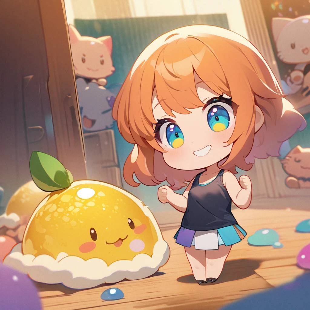 masterpiece、Highest quality、Depth of subject、２D illustration、1 beautiful girl、独奏, (((chibi style)))、Long, beautiful hair、Shiny orange hair、cute、Beautifully detailed eyes、((Tank top))、a glass of lemon soda, ((colorful))、mini skirt、((happy smile))、((kitten cluster)), ((close up shot))、((in the room))、((There&#39;s a lot of pink around))、Thighs、((vivid color))、sparkle、((Lens flare))、