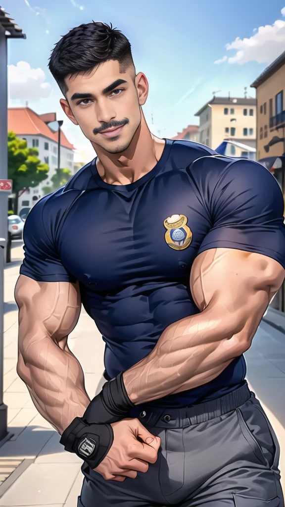 (handsome Man),(Thin mustache:1.1),(crew cut short hair:1.5),black eye,
(navy blue tight-fitting round neck short sleeve T-shirt:1.3),(Police badge:1.3),navy blue cargo pants,(navy_gloves:1,3),
Korean guy,chest muscles,large arm muscles,blood vessel,Big muscles,Broad shoulders,(open mouth:1.2),(face up:1.2),(open eyes:1.5),middle of the road,smile,(City town:1.4),