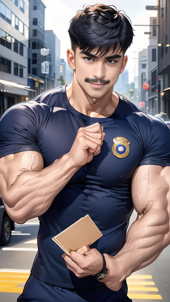 (handsome Man),(Thin mustache:1.1),(crew cut short hair:1.5),black eye,
(navy blue tight-fitting round neck short sleeve T-shirt:1.3),(Police badge:1.3),navy blue cargo pants,(navy_gloves:1,3),
Korean guy,chest muscles,large arm muscles,blood vessel,Big muscles,Broad shoulders,(open mouth:1.2),(face up:1.2),(open eyes:1.5),middle of the road,smile,(City town:1.4),