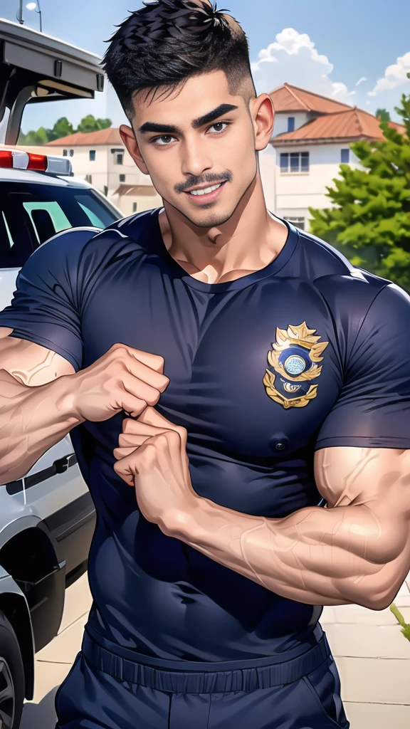 (handsome Man),(Thin mustache:1.1),(crew cut short hair:1.5),black eye,
(navy blue tight-fitting round neck short sleeve T-shirt:1.3),(Police badge:1.3),navy blue cargo pants,(navy_gloves:1,3),
Korean guy,chest muscles,large arm muscles,blood vessel,Big muscles,Broad shoulders,(open mouth:1.2),(face up:1.2),(open eyes:1.5),middle of the road,smile,(City town:1.4),