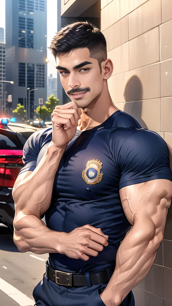 (handsome Man),(Thin mustache:1.1),(crew cut short hair:1.5),black eye,
(navy blue tight-fitting round neck short sleeve T-shirt:1.3),(Police badge:1.3),navy blue cargo pants,(navy_gloves:1,3),
Korean guy,chest muscles,large arm muscles,blood vessel,Big muscles,Broad shoulders,(open mouth:1.2),(face up:1.2),(open eyes:1.5),middle of the road,smile,(City town:1.4),