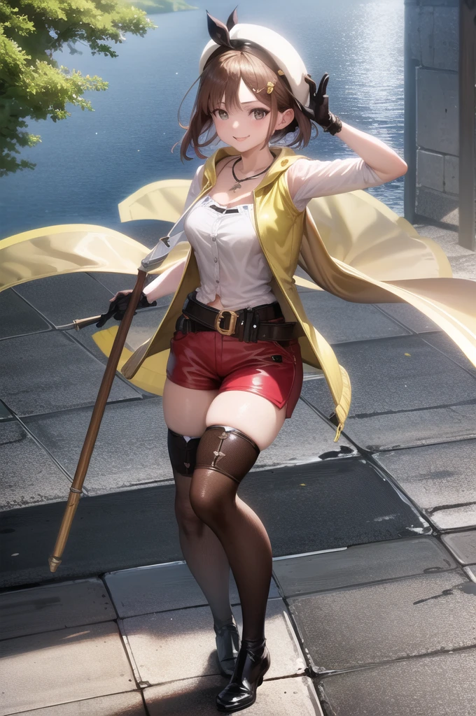 riza, brown hair, single glove, thighhighs, brown eyes, red shorts, jewelry, belt, hat, white headwear, necklace, yellow jacket, hair ornament, short hair, brown glove, shirt, standing, looking at viewer, smile, outdoors, nature, smile, dynamic angle, 1girl, (masterpiece:1.3), (high resolution), (8K), (extremely detailed), (4k), (pixiv), perfect face, nice eyes and face, (best quality), (super detailed), detailed face and eyes, (solo), textured skin, absurdres, highres