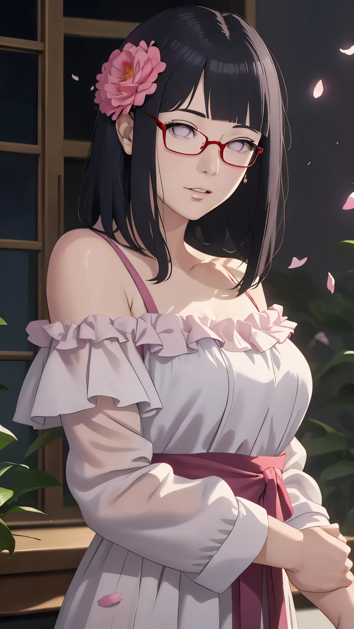 masterpiece, absurdres, hinata\(boruto\), 1girl, solo,mature female, off shoulder floral dress, looking at viewer, (falling petals), perfect composition, detailed lips, big breast, beautiful face, body propotion, blush, (pink lips), long hair,  purple eyes,  soft gaze,  super realistic, detailed, photoshoot, realistic face and body, sexual expression, seductive expression,film m((secretary red glasses SEXY TRAJE))(enormes tetas), escote, buena anatomia Film movie still, sakura 、Se destaca、30 years、piel palida、sonrisas inocentes、(A detailed Face)、(piel detallada)、wet, Los detalles son complejos、Shallow depth oF Field、[volume Fog]、movie lighting、ReFlectors、una Canon EOS R5、lente de 50 mm、F / 2.8、shot at 8k resolution