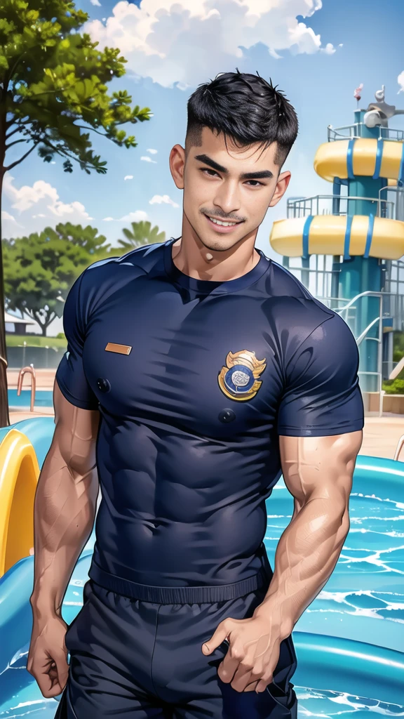 (handsome Man),(Thin mustache:1.1),(crew cut short hair:1.5),black eye,
(navy blue tight-fitting round neck short sleeve T-shirt:1.3),(Police badge:1.3),navy blue cargo pants,(navy_gloves:1,3),
Korean guy,chest muscles,large arm muscles,blood vessel,Big muscles,Broad shoulders,(open mouth:1.2),(face up:1.2),(open eyes:1.5),middle of the road,smile,(water park:1.4),
