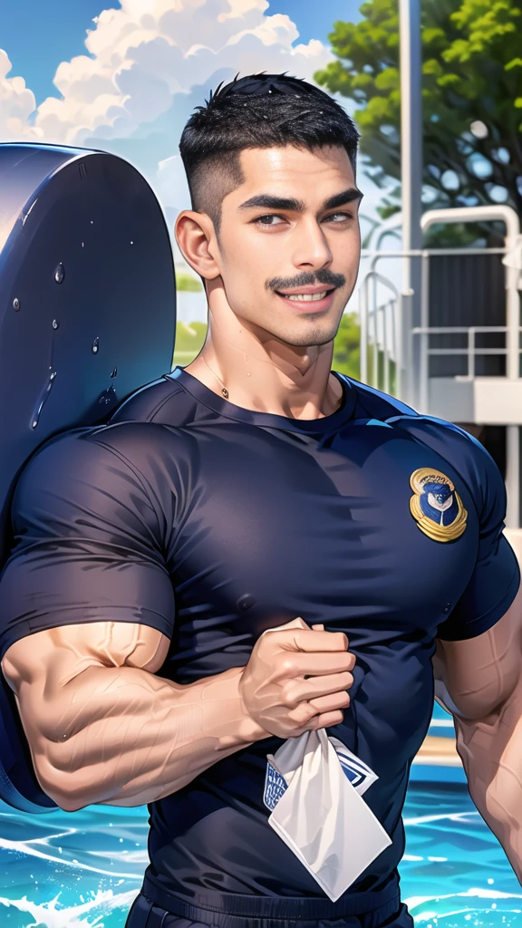 (handsome Man),(Thin mustache:1.1),(crew cut short hair:1.5),black eye,
(navy blue tight-fitting round neck short sleeve T-shirt:1.3),(Police badge:1.3),navy blue cargo pants,(navy_gloves:1,3),
Korean guy,chest muscles,large arm muscles,blood vessel,Big muscles,Broad shoulders,(open mouth:1.2),(face up:1.2),(open eyes:1.5),middle of the road,smile,(water park:1.4),