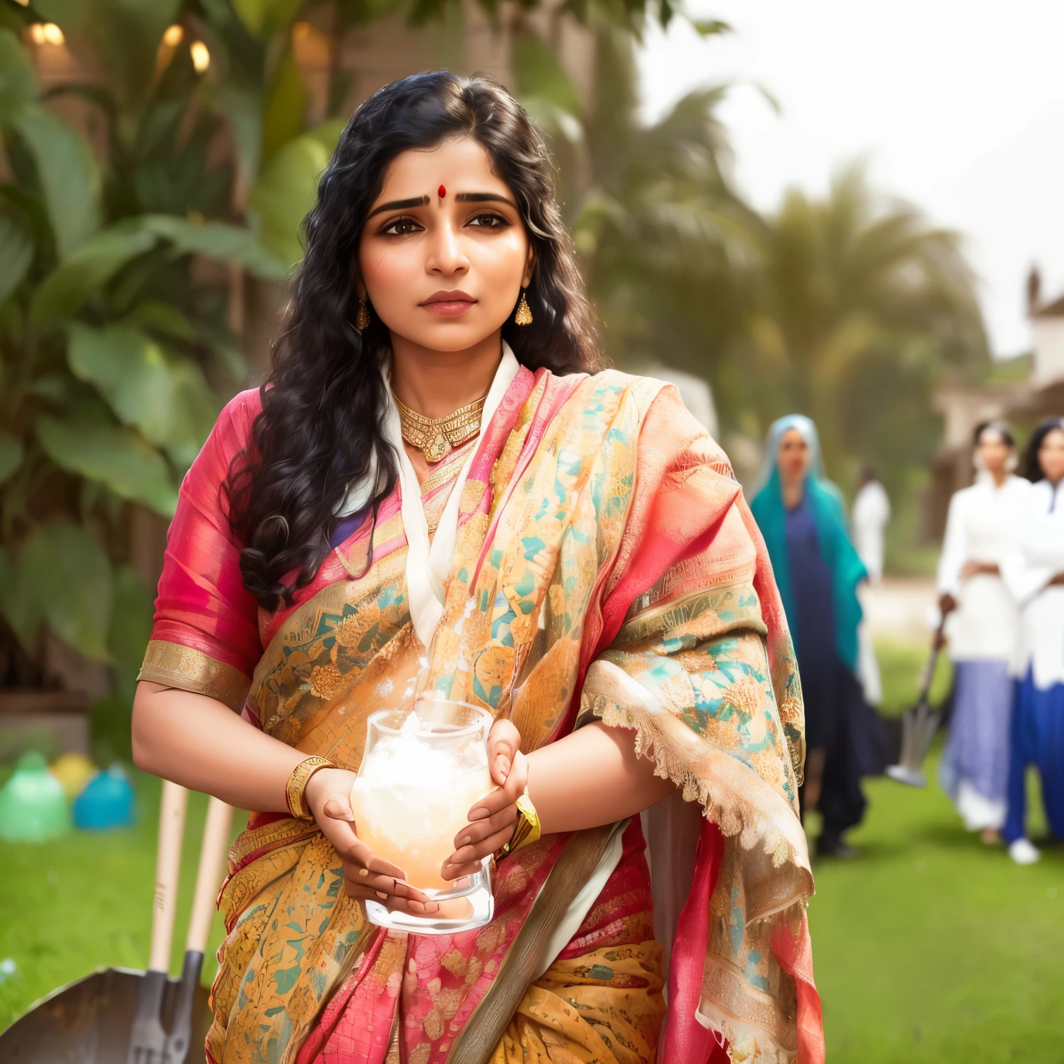 woman in a sari holding a glass of water and a shovel, jaya su berg, faridah malik, johnatan wayshak, looking partly to the left, ritu kumar, motivational, profile picture, profile pic, dressed in a sari, sharandula, flowers around, beautifully lit, visually pleasing, dayanita singh, candid shot, desi