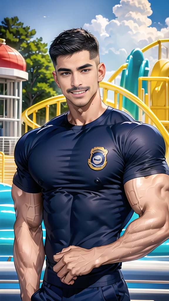 (handsome Man),(Thin mustache:1.1),(crew cut short hair:1.5),black eye,
(navy blue tight-fitting round neck short sleeve T-shirt:1.3),(Police badge:1.3),navy blue cargo pants,(navy_gloves:1,3),
Korean guy,chest muscles,large arm muscles,blood vessel,Big muscles,Broad shoulders,(open mouth:1.2),(face up:1.2),(open eyes:1.5),middle of the road,smile,(water park:1.4),