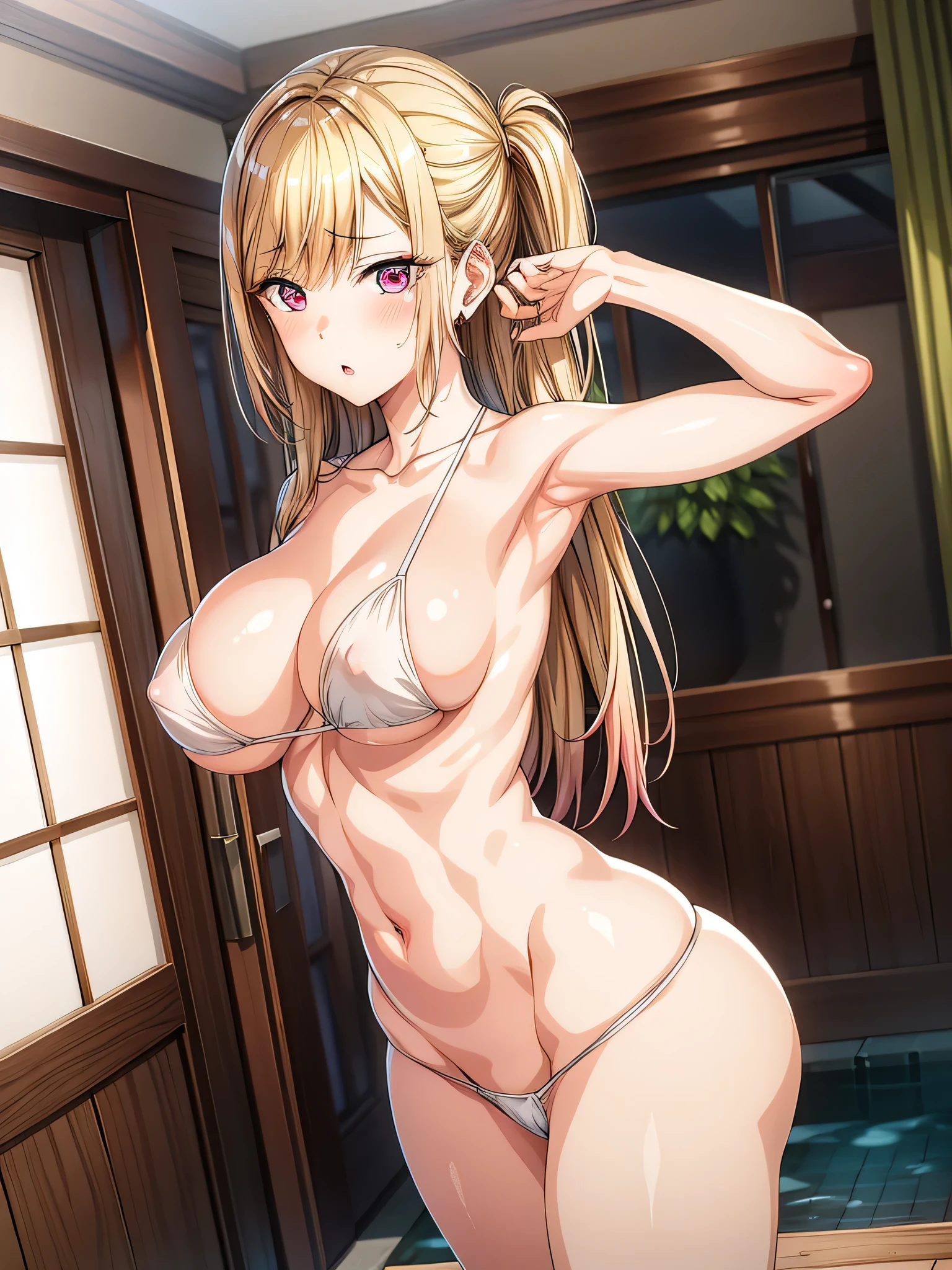 masutepiece, Detailed, Best Quality, Beautiful Girl, Shackles, stock, Troubled face, big pool (prison), blonde sexy girl 1girl in, marin kitagawa character, blonde female, Blunt bangs, Big breasts, Amused expression, Looking at Viewer, big butt, mature body, very big , dark pink eyes, erotic pose, big butt, full body picture, hard nipples, fully naked, topless, cute pose, perfect detailed tits, detailed vagina, detailed anus, detailed nipples, blonde dye pink hair, cute pose, full body picture, super ultra small bikini thong, super small tight bra that barely covers her nipples, touching one boob with her hand