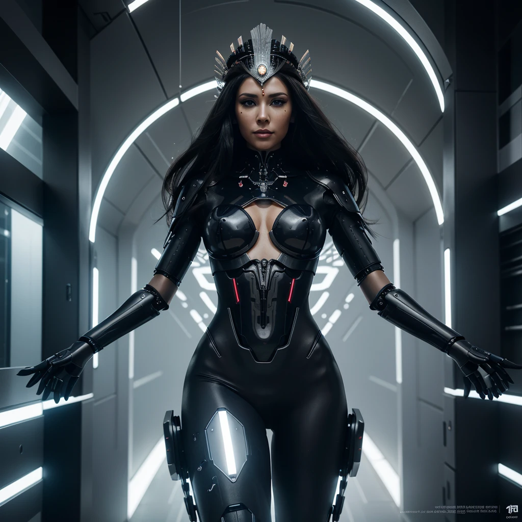 woman in headdress, full length, seductive, very detailed visual portrait, futuristic робототехник, nice, extremely detailed shot of the goddess, beautiful cyborg girl, Jason Angle, keyframe, anthropomorphic _ Humanoid, futuristic, realistic and high quality. With a good and seductive figure and look