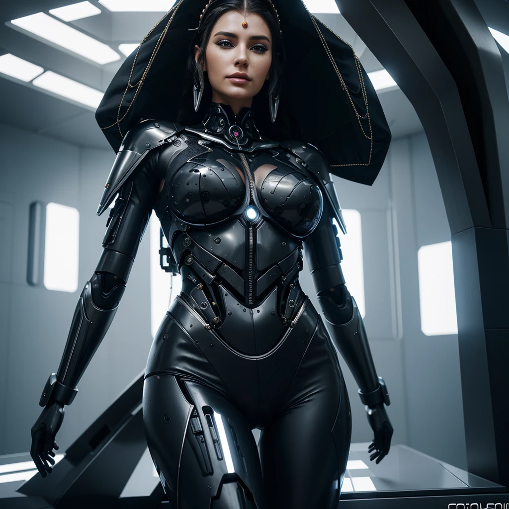 woman in headdress, full length, seductive, very detailed visual portrait, futuristic робототехник, nice, extremely detailed shot of the goddess, beautiful cyborg girl, Jason Angle, keyframe, anthropomorphic _ Humanoid, futuristic, realistic and high quality. With a good and seductive figure and look