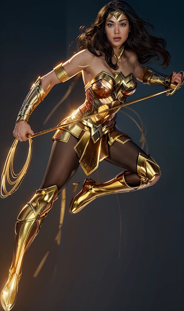 The actress Gal Gadot playing the character Wonder Woman flying in the skies,holding the golden and shiny rope, Holding your shiny golden bow, perfect costume, soft curves, bright blue eyes and gorgeous