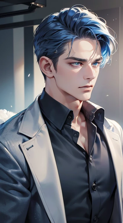 (best quality, masterpiece, 8K, photorealistic, cinematic lighting, 1:4 hdr image, ultra detailed, beautiful image), a mature man, 34 years very handsome, ((cold expression)), short blue hair, blue eyes, face perfect without mistakes, ((buttoning his jacket, CEO))
