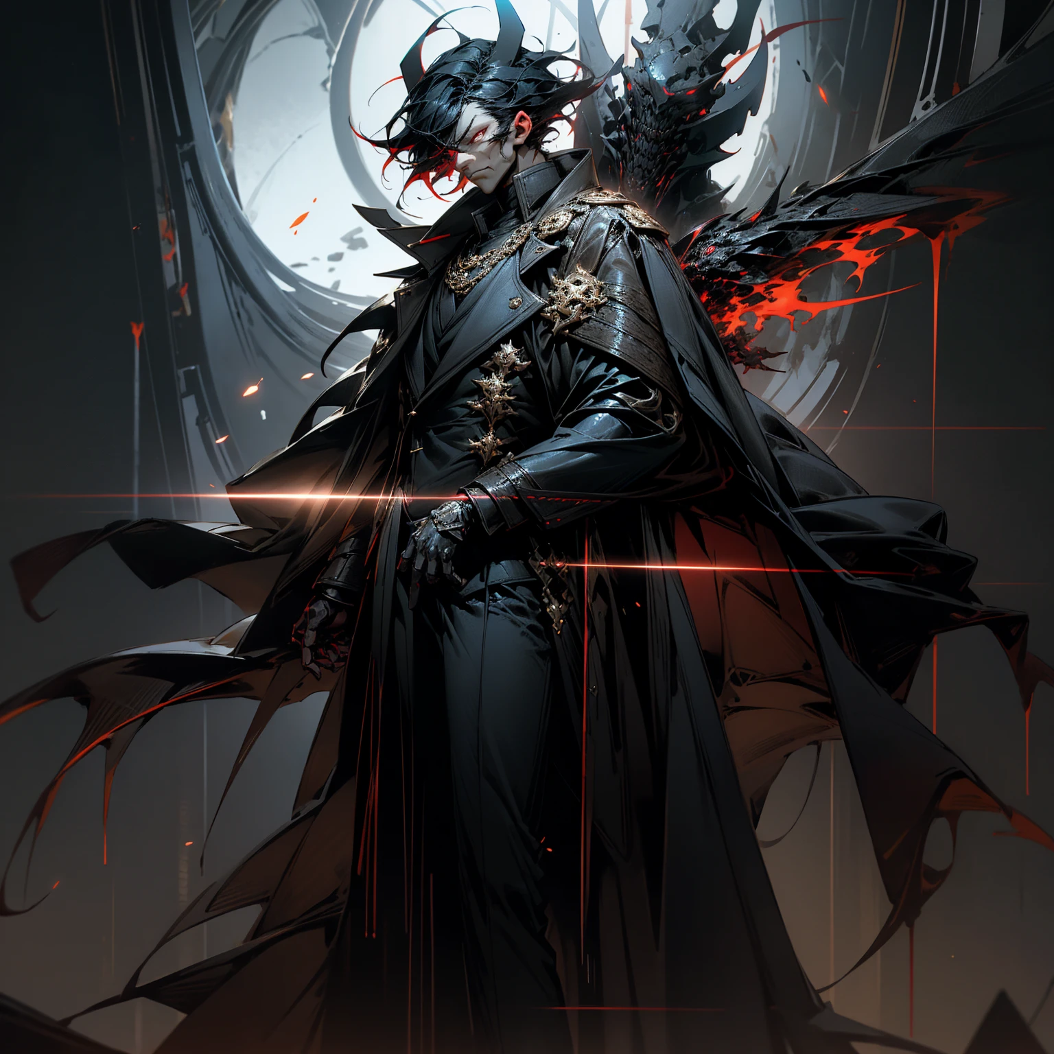 male, black trench coat, short black hair，dark red eyes，arms crossed，Stand on a tall building，Behind him are several demonic souls, Blue Energy Effects, volumetric light, flying blood, burning eyes