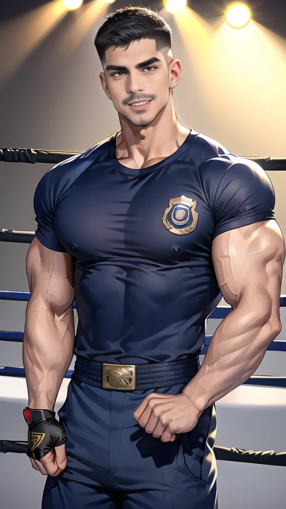 (handsome Man),(Thin mustache:1.1),(crew cut short hair:1.5),black eye,
(navy blue tight-fitting round neck short sleeve T-shirt:1.3),(Police badge:1.3),navy blue cargo pants,(navy_gloves:1,3),(navy_backpack:1.3),(sunglasses:1.3),
Korean guy,chest muscles,large arm muscles,blood vessel,Big muscles,Broad shoulders,(open mouth:1.2),(face up:1.2),(open eyes:1.5),middle of the road,smile,(boxing ring:1.4),