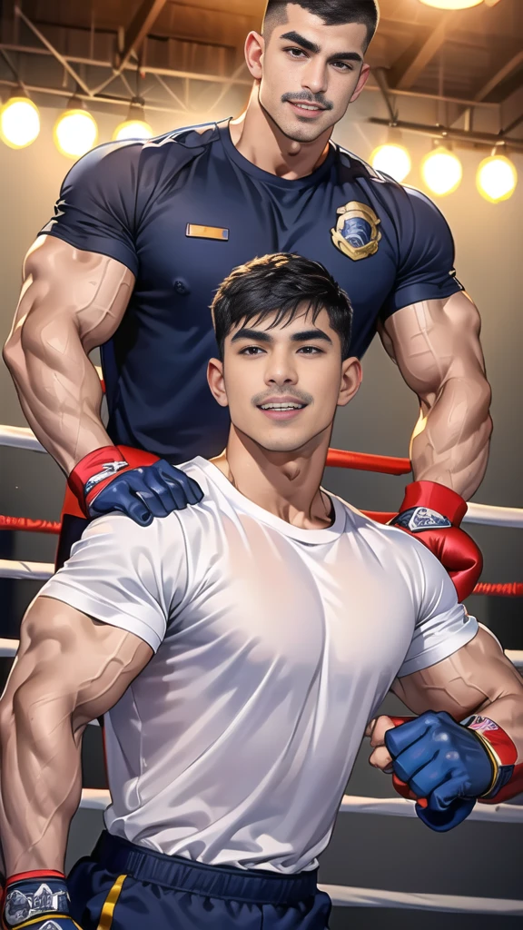 (handsome Man),(Thin mustache:1.1),(crew cut short hair:1.5),black eye,
(navy blue tight-fitting round neck short sleeve T-shirt:1.3),(Police badge:1.3),navy blue cargo pants,(navy_gloves:1,3),(navy_backpack:1.3),(sunglasses:1.3),
Korean guy,chest muscles,large arm muscles,blood vessel,Big muscles,Broad shoulders,(open mouth:1.2),(face up:1.2),(open eyes:1.5),middle of the road,smile,(boxing ring:1.4),