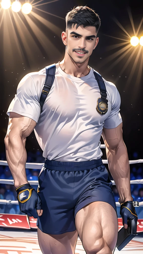 (handsome Man),(Thin mustache:1.1),(crew cut short hair:1.5),black eye,
(navy blue tight-fitting round neck short sleeve T-shirt:1.3),(Police badge:1.3),navy blue cargo pants,(navy_gloves:1,3),(navy_backpack:1.3),(sunglasses:1.3),
Korean guy,chest muscles,large arm muscles,blood vessel,Big muscles,Broad shoulders,(open mouth:1.2),(face up:1.2),(open eyes:1.5),middle of the road,smile,(boxing ring:1.4),