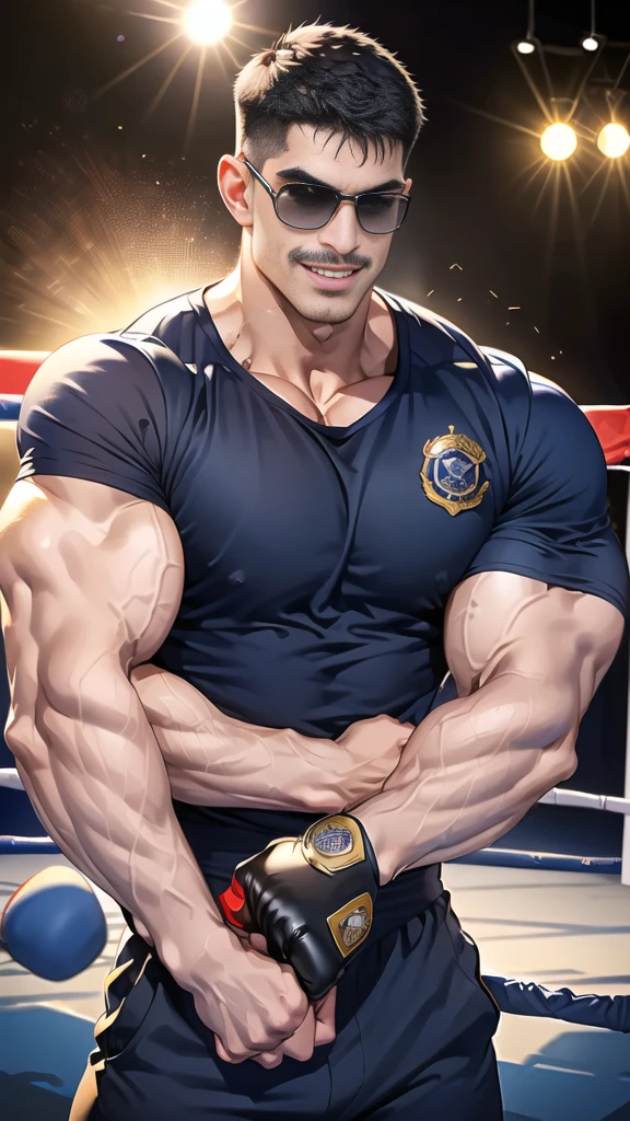 (handsome Man),(Thin mustache:1.1),(crew cut short hair:1.5),black eye,
(navy blue tight-fitting round neck short sleeve T-shirt:1.3),(Police badge:1.3),navy blue cargo pants,(navy_gloves:1,3),(navy_backpack:1.3),(sunglasses:1.3),
Korean guy,chest muscles,large arm muscles,blood vessel,Big muscles,Broad shoulders,(open mouth:1.2),(face up:1.2),(open eyes:1.5),middle of the road,smile,(boxing ring:1.4),