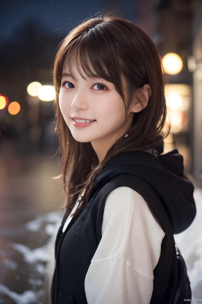 1 Girl, (Wear a black hoodie:1.2), (RAW Photos, highest qualthaty), (Realistic, Realistic:1.4), Tabletop, Very delicate and beautiful, Very detailed, 2k wallpaper, wonderful, finely, Very detailed CG Unthaty 8K 壁紙, Very detailed, High resolution, Soft Light, Beautiful detailed girl, Very detailed目と顔, Beautiful and sophisticated nose, finelyて美しい目, Cinema Lighting, Illuminations that light up the cthaty on a snowy night, Snow Scene, that&#39;that&#39;that&#39;it&#39;s snowing, Snow fell in my hair, Perfect ???????, Slender body, Was nervous, 
Straight semi-long hair, bangs, Looking at the audience, smile、Fluffy scarf