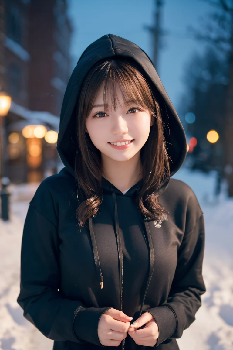 1 Girl, (Wear a black hoodie:1.2), (RAW Photos, highest qualthaty), (Realistic, Realistic:1.4), Tabletop, Very delicate and beautiful, Very detailed, 2k wallpaper, wonderful, finely, Very detailed CG Unthaty 8K 壁紙, Very detailed, High resolution, Soft Light, Beautiful detailed girl, Very detailed目と顔, Beautiful and sophisticated nose, finelyて美しい目, Cinema Lighting, Illuminations that light up the cthaty on a snowy night, Snow Scene, that&#39;that&#39;that&#39;it&#39;s snowing, Snow fell in my hair, Perfect Anatomy, Slender body, Was nervous, 
Straight semi-long hair, bangs, Looking at the audience, smile、Fluffy scarf