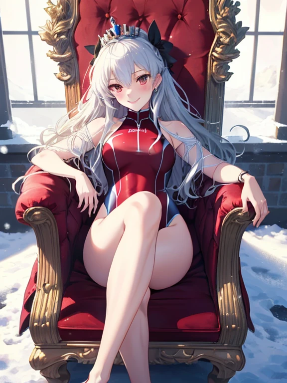 High leg swimsuit, The snow queen, Tohsaka Rin, (A luxurious and stately throne of power), Leg spread, (masterpiece), highest quality, Fearless smile, 1girl, uhd, retina, masterpiece, ccurate, anatomically correct, textured skin, super detail, high details, high quality, best quality, highres, 4K