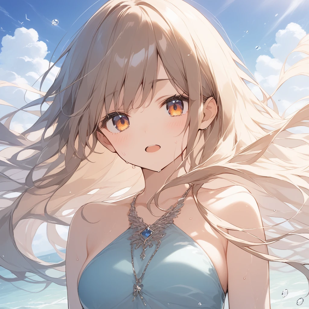 score_9, score_8_up, score_7_up, source_anime, best quality, masterpiece, official art, absurdres, highres, ultra-detailed,waifu2x,Collection: Slice of Life,break,1girl, long hair, medium breasts, beautiful detailed eyes, swimsuit, sweat, open mouth, (tongue:0.3), sleepily, ocean, outdoors, wind, break,(clear line illustration:1.2),very high resolution, very aesthetic, super detailed skin, Best sexual lighting powered by famous artist, 8k,cute picture,beauty illustration,photoshop_(medium),,(Detailed Lighting),best anime 8k konachan wallpaper, pixiv contest winner,